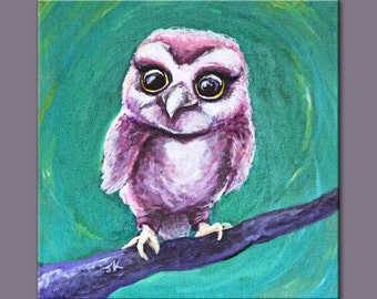 Cute colorful fluffy baby owl pink purple teal white nursery decor children baby's room small square ART PRINT - "Wide-Eyed"