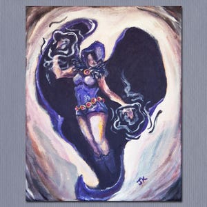 May include: A painting of a woman in a purple costume with a dark cape and dark hair. She is holding a dark orb in her right hand and a dark orb in her left hand. The background is a swirl of light and dark colors.