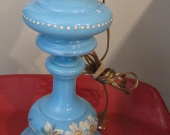 LAMP/SHADE/CHIMNEY Vintage Electrified Hand painted Blooms Blue Opaque Upturn Shade Ruffled Chimney