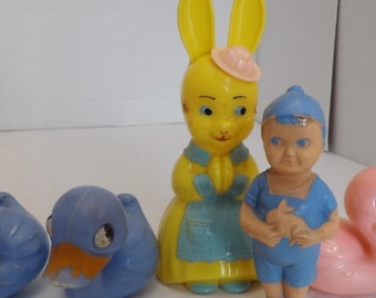 4 KNICKERBOCKER RATTLES 1 IRWIN Boy in Blue Holding Rabbit 3 Ducks 1 Praying Rabbit Easter