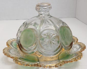 EAPG BUTTER DISH Stars and Circles Gold Edges Green Painted Circles Domed Lid