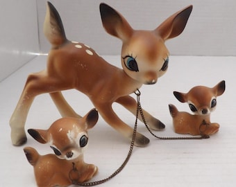 CERAMIC DOE 2 FAWNS Japan Mid Century Norleans Vintage Mom & Babies Leashed Chained