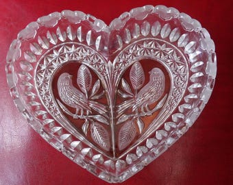 HOFBAUER BYRDES HEART Shaped Crystal Dish Ruby Red 2 Birds Hearts At Rim Germany Valentine