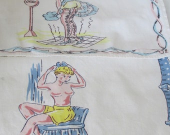 2 NAUGHTY TEA TOWELS Risque Guest Towels Printed Linen 1940s No Holes Cute!