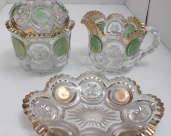EAPG SUGAR CREAMER Tray Star and Circle Domed Lid Gold Edges