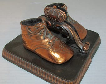 BRONZED BABY SHOES Bookends Pair 1950s Felt on Bottom Crown Design on Bookends- Signed-Nice!