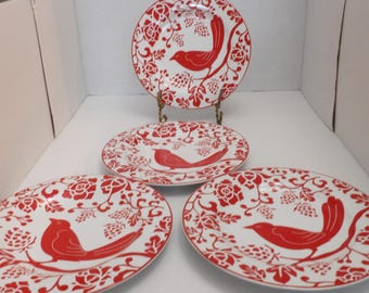 4 RED BIRD PLATES Pier 1 Stoneware Salad Luncheon Never Been Used