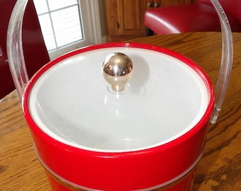 LUCITE ICE BUCKET Mid Century Modern Red Vinyl Lucite Handle Lid Gold Knob Band