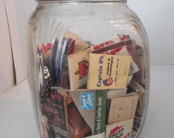 JAR WITH MATCHBOOKS Hoosier Hazel Atlas Duraglas Jar with Metal Lid Square Paneled Glass