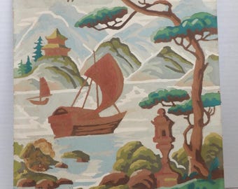 PAINT BY NUMBER Asian Scene Complete- Boats Mountains Trees 10"x14" No Glass