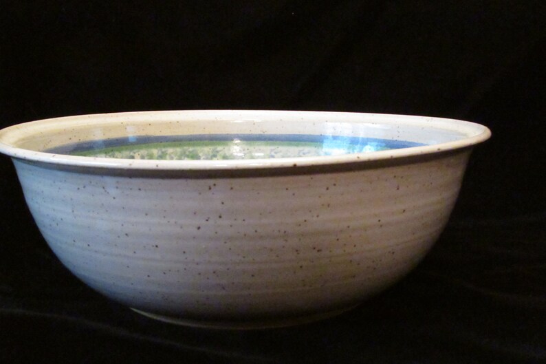 AMANA IOWA POTTERY Large Bowl Blue Green Bands Inside Signed Spauk