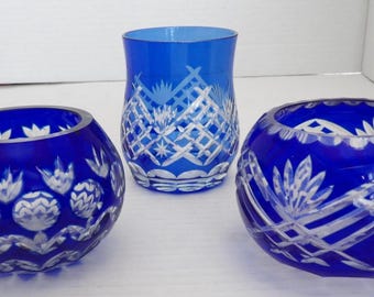 3 CUT TO CLEAR Cobalt Blue Glass Pieces 2 Bowls 1 Tumbler