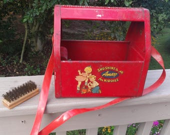 CHILD'S SHU SHINE Kit Metal Carrier Plastic Strap Bank Inside- Brush Included Mid Century Decals