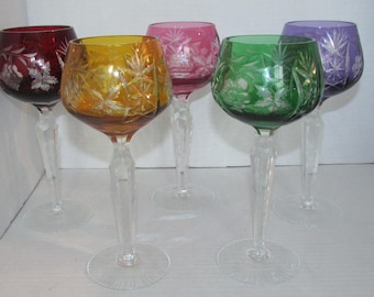 5 BOHEMIAN COLORFUL GOBLETS Cut To Clear Crystal Czech Beveled Stems Grapes Blooms Stars