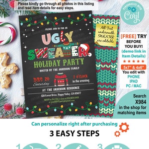 Ugly sweater invitation. EDITABLE personalised template. Christmas holiday party chalkboard invite. Instant Download printable file. X984