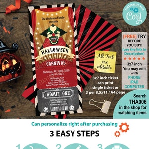 Halloween clown party invitation ticket. Retro carnival scary night circus EDITABLE invite template. Black red spooky printable file THA006