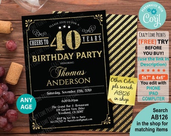 Cheers to 40 years birthday invitation. Man 40th birthday EDITABLE party invite template. INSTANT DOWNLOAD black and gold printable AB126