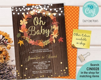 EDITABLE fall baby shower invitation. Rustic wood Autumn wreath Oh baby couples shower. Maple leaves gold. Instant Download Corjl CIN0028