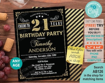 21st birthday invitation. Cheers to 21 years. EDITABLE black and gold invite template. Cocktail party Instant Download printable file AB126