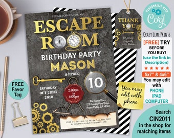 Escape room invitation. EDITABLE birthday party invite template. Mystery solving challenge. Black and gold. Instant Download Corjl CIN2011
