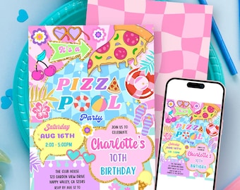 Pizza Pool Girl Birthday Party Invitation | Groovy Pastel Neon Rainbow | Preppy Y2K Teen (Digital Download) S067