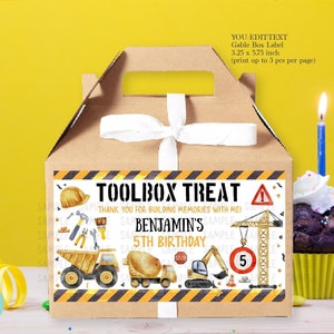 EDITABLE Construction Party Treat Toolbox Label. Printable Goody Gable Box, Bag Sticker Template. Dig Truck Favor Personalised Name K155