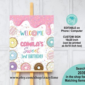 Editable Donut Birthday Party Welcome Sign. Party Poster. Table Sign. Any Age. Donut Party Decor Printable File. Edit w/ Corjl 2039