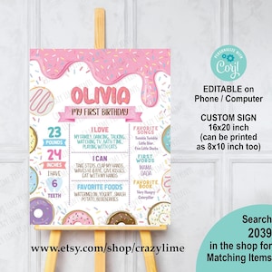 Editable Donut Sweet One Milestone Birthday Poster Sign. Girl 1st Birthday Party Decor Printable Digital File. Pastel Sprinkle Drip 2039