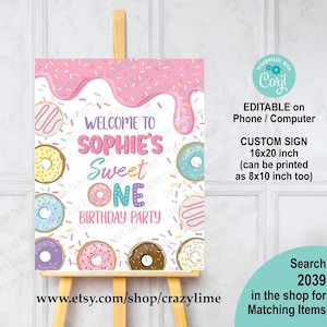 Editable Donut Sweet One Welcome Sign. Donut Girl 1st Birthday Party Table Sign. Donut First Birthday Party Poster Decor Printable File 2039