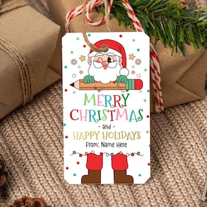 EDITABLE Merry Christmas Gift Tag for School Teacher Students Kids. Preschool Treat Label. Cute Santa Claus Pencil Template. Classmate X700