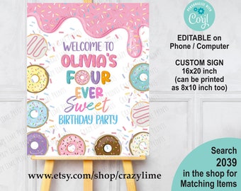 Bewerkbaar donut 4e verjaardagsfeestje welkomstbord. Donut Girl Fourever Sweet verjaardagsfeestje tafelbord. Posterdecoratie. Afdrukbare Corjl 2039
