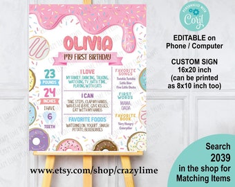 Editable Donut Sweet One Milestone Birthday Poster Sign. Girl 1st Birthday Party Decor Printable Digital File. Pastel Sprinkle Drip 2039