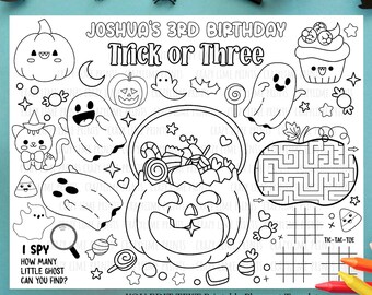 EDITABLE Trick or Three 3rd Birthday Party Placemat. Halloween Boo Personalised Name Coloring & Game Table Decoration Printable File HA936