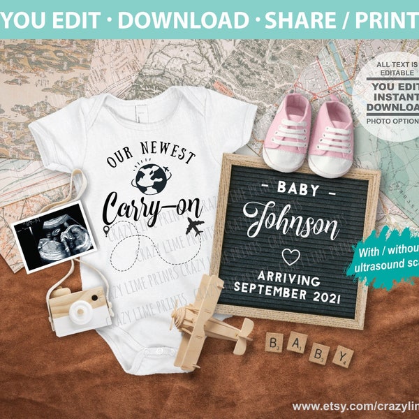 Travel Girl Pregnancy Announcement. Digital Social Media Baby Announcement. EDITABLE Adventure Pink Gender Reveal W/ Without Photo IG276