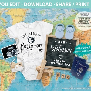 Anuncio de revelación de género de niño editable con temática de viajes. Revelación de bebé digital en redes sociales. Mapa azul de viajes con/sin foto IG277