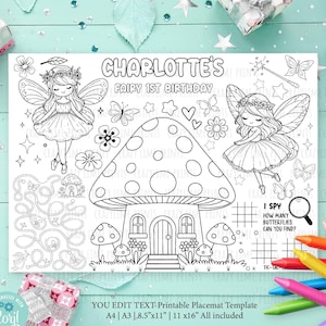 EDITABLE Fairy First 1st Birthday Party Placemat. Personalised Name Coloring & Game Table Decoration Girl Favors Printable Digital File K146