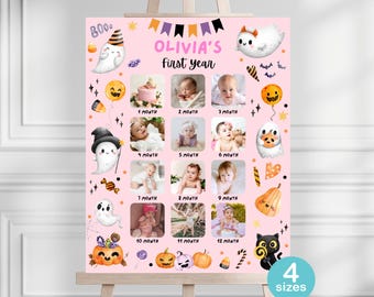 ハロウィン1歳誕生日フォトボード｜不気味な幽霊とカボチャの記念ポスター（ピンク）（デジタルダウンロード）