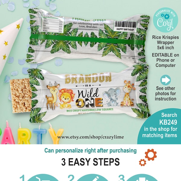 Wild one jungle zoo safari Rice Snack Krispie Wrapper Template. Animals Birthday Party Treat Label. Editable with Corjl. Printable KB249