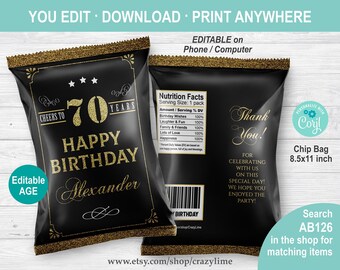 Cheers 70th Birthday EDITABLE Chip Bag. Black and Gold Man Adult 70th Birthday Snack Bag Party Favor. Instant Download Template AB126