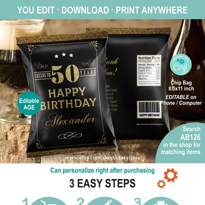 Cheers 50th Adult Birthday EDITABLE Chip Bag. Black and Gold Cheers to 50 Years Snack Bag Party Favor. Instant Download Printable AB126