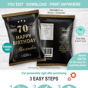 Cheers 70th Birthday EDITABLE Chip Bag. Black and Gold Man Adult 70th Birthday Snack Bag Party Favor. Instant Download Template AB126