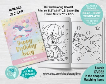 EDITABLE Unicorn Coloring Book. 8.5 x 11 inch (5.5 x 8.5 inch per page after folding) Kid Girl Birthday Activity Instant Download. CV052