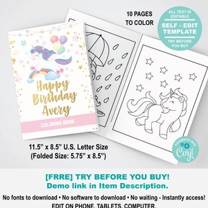 Libro para colorear unicornio EDITABLE. 8.5 x 11 pulgadas (5.5 x 8.5 pulgadas por página después de plegar) Kid Girl Birthday Activity Instant Download. CV052