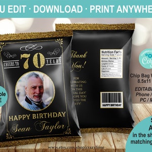 EDITABLE Cheers to 70 Years. 70th Birthday Photo Chip Bag. Black and Gold Crisp Snack Bag Party Favor. Instant Download Printable AB126