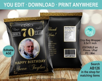 EDITABLE Cheers to 70 Years. 70th Birthday Photo Chip Bag. Black and Gold Crisp Snack Bag Party Favor. Instant Download Printable AB126