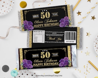 Purple Rose Woman Birthday Chocolate Candy Bar Wrapper. Adult Milestone Party Treat Label Printable EDITABLE Age Template. Black Gold AB226