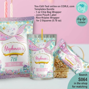 May include: A mermaid-themed birthday party template bundle featuring a chip bag wrapper, juice pouch label, and rice krispies wrapper. The wrappers are decorated with a mermaid tail design, the text "Stephanie's 7th Birthday", and other aquatic elements.