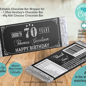 EDITABLE 70th Birthday Chocolate Candy Bar Wrapper Personalised Template. Printable 1.55 oz Chocolate Man Adult Birthday Party Favor. AB126