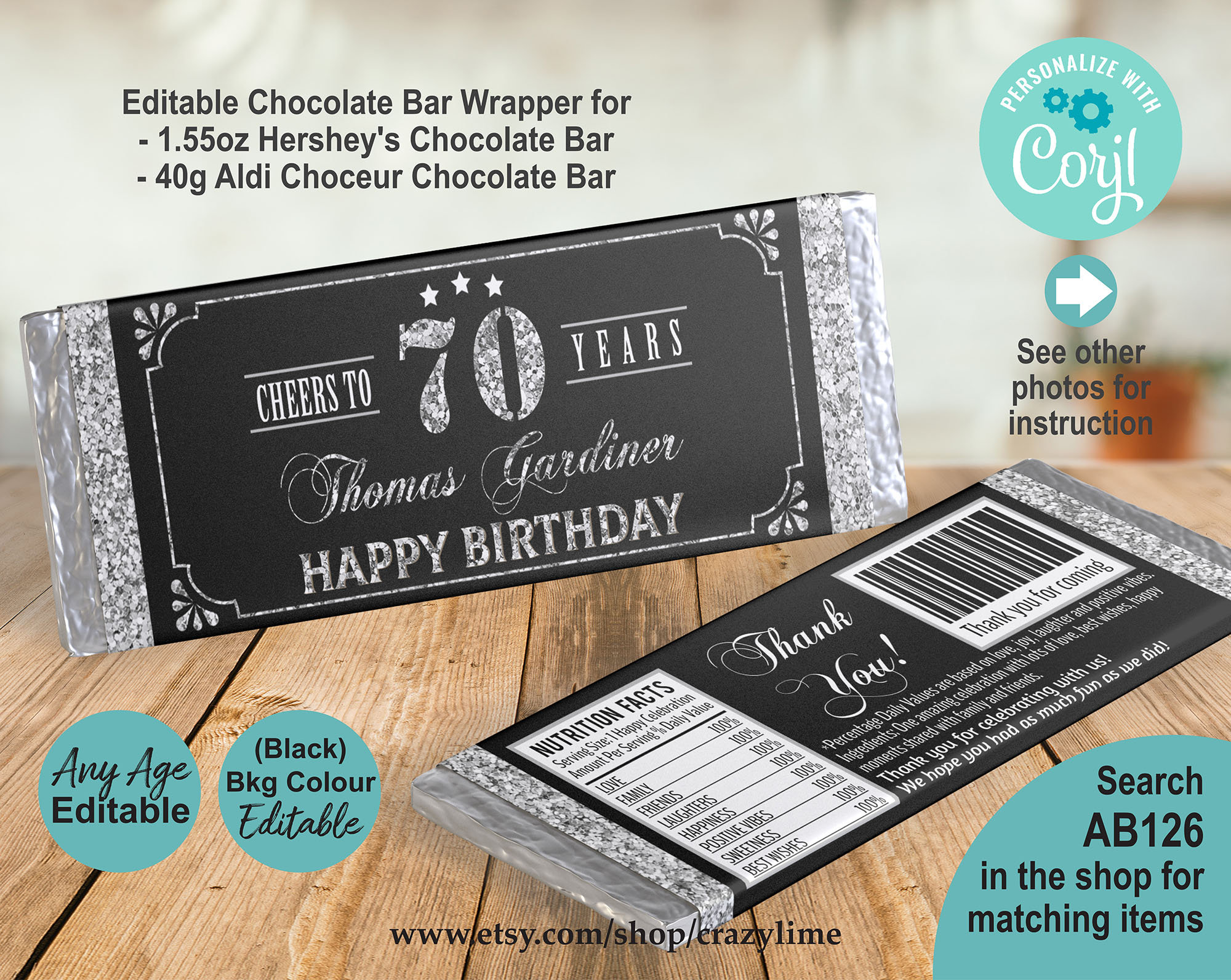 EDITABLE 70th Birthday Chocolate Candy Bar Wrapper Plantilla - Etsy México
