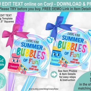 End Of School Year Bubble Wand Gift Tag Editable Template. Personalised Name Label. I hope your summer is bubbles of fun. Edit w Corjl S027